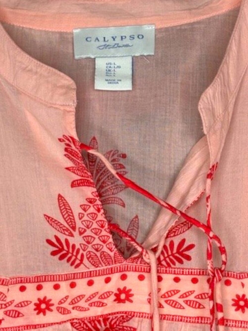 Calypso St. Barth Lightweight Peasant Top Tropical Print - Peachy Pink/Red - L - Picture 3 of 11